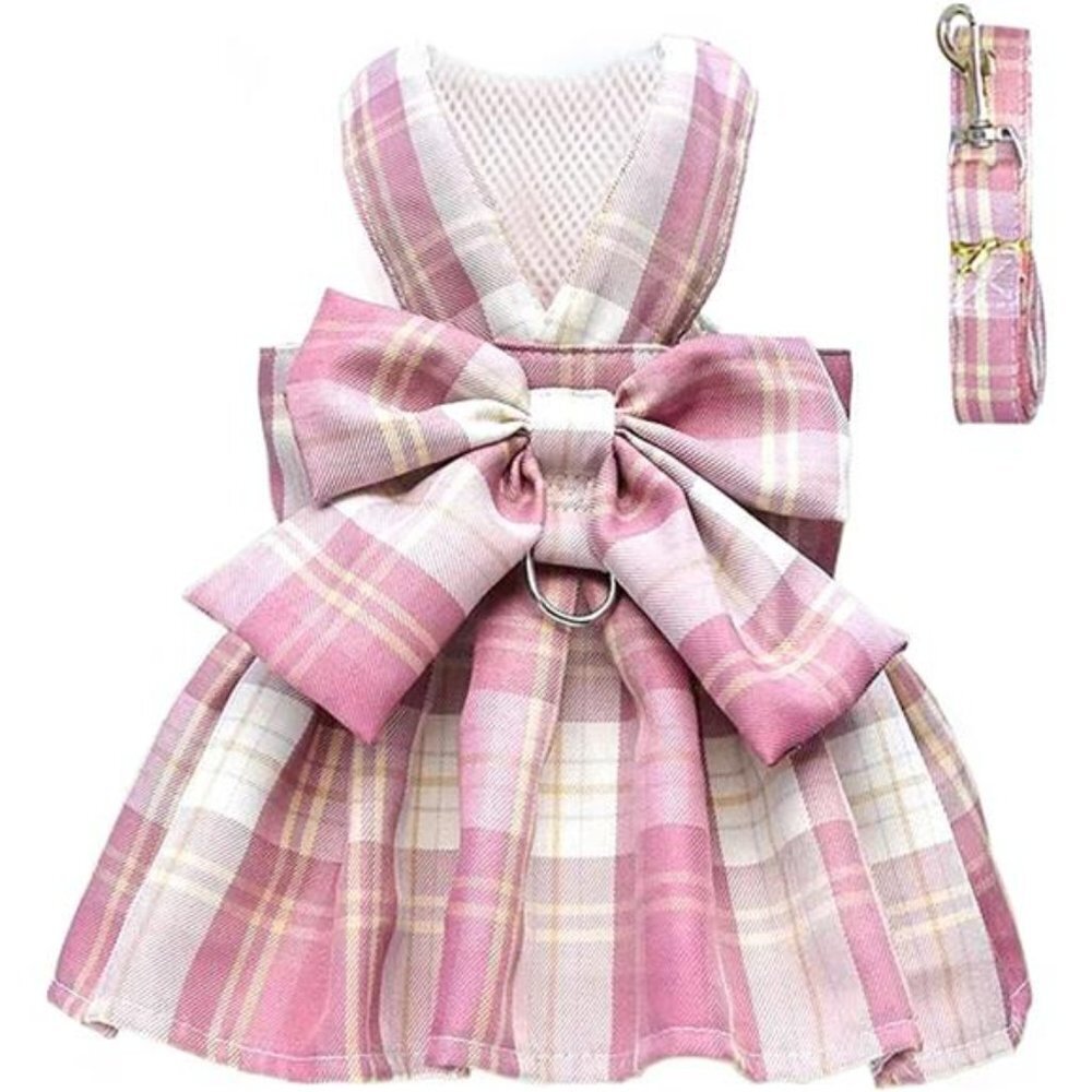 Pink Plaid Dog Dress with Bow Tie Harness Leash Set